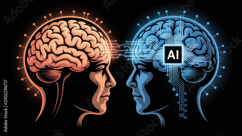 Two human heads in profile facing each other, one with a glowing brain and the other with an AI chip, illustrating the relationship between human and artificial intelligence.