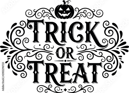 Fotografija Trick or treat halloween text with pumpkin and swirls