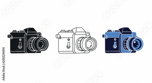 Vintage DSLR Camera Icon Set in Black Silhouette, Outline and Blue Flat Design for Photography and Retro Camera Vector Icons
