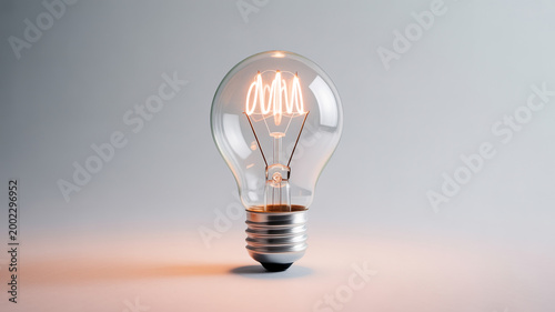 A classic incandescent light bulb with its filament glowing brightly, isolated on a subtle gradient background with soft lighting.