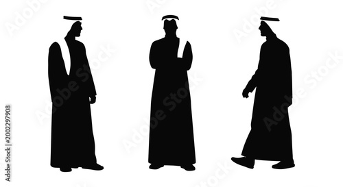Three men in traditional arab clothing silhouettes on white background