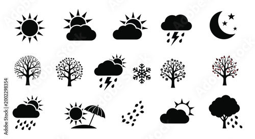 Weather icons set black silhouettes on white background