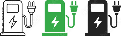 Electric vehicle charging station icon set, EV charging plug symbols, electric car power supply graphics