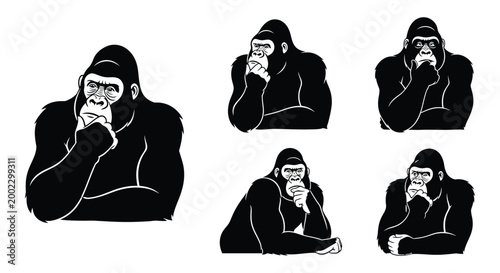 Gorilla silhouettes thinking set of black and white vector illustrations