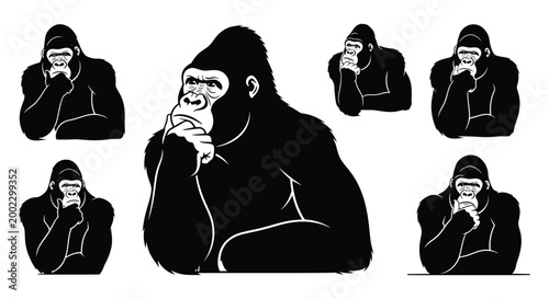 Gorilla thinking poses collection black and white silhouette illustration