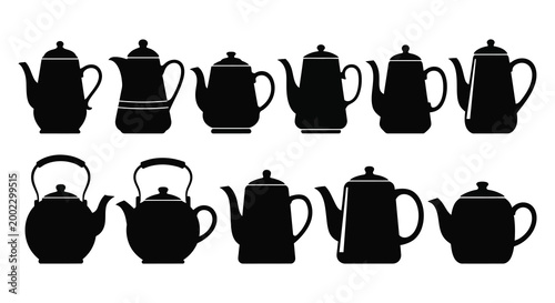 Teapot silhouettes collection black teapots and kettles on white background