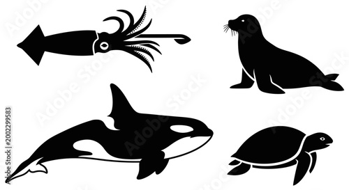 Marine Animals Silhouettes Set: Orca, Seal, Squid, and Sea Turtle Icons