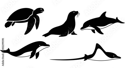 Marine Animals Silhouettes Set: Sea Turtle, Seal, Dolphins, and Manta Ray Vector Art