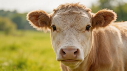 A serene cow standing in a lush green field, captured in a close-up portrait on a sunny day, showcasing its gentle features and natural surroundings.