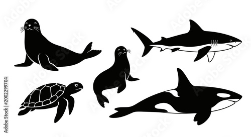 Ocean Wildlife Silhouettes: Shark, Orca, Seal, and Sea Turtle Vector Set