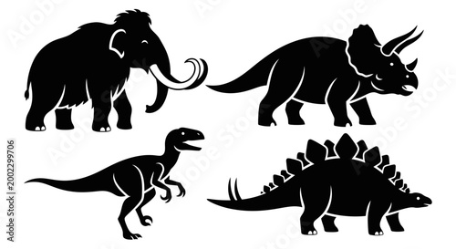 Prehistoric Animal Silhouettes Collection: Dinosaurs and Mammoth Vector Set