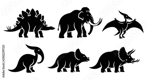 Prehistoric Animal Silhouettes: Dinosaur and Mammoth Vector Icons Set