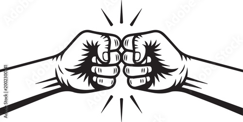 A black and white illustration of two fists clenched together in a symbol of solidarity or aggression