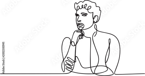 A minimalist line drawing of a man sitting thoughtfully with his hand on his chin in a simple and elegant one-line art style