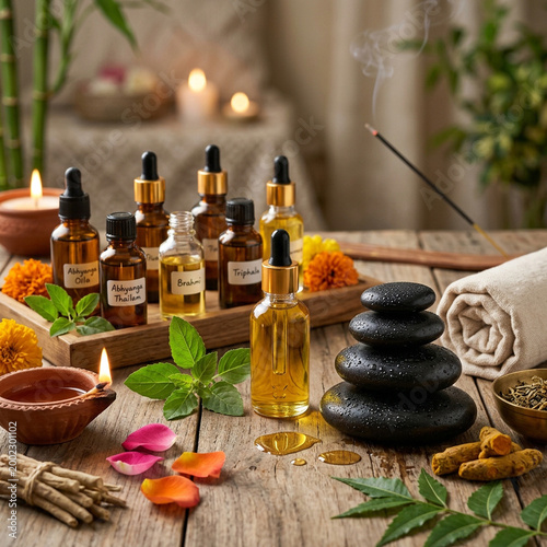 Ayurvedic Spa Setting – Herbal Oils, Hot Stones & Relaxation Wellness Still Life Photography