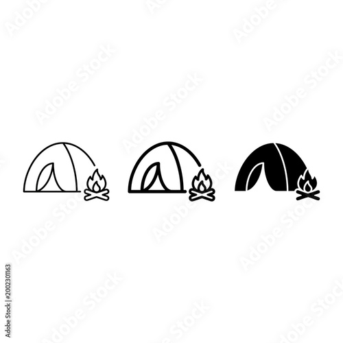 3 Camping Tent icons with campfire, outline solid styles, outdoor adventure design