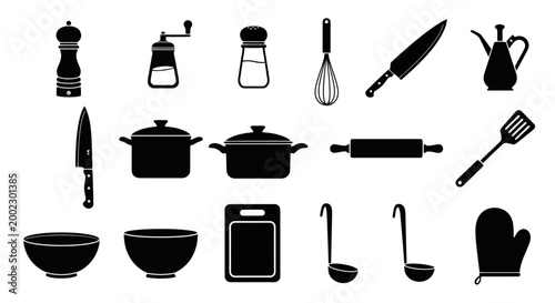 Black silhouette kitchen utensils and tools.
