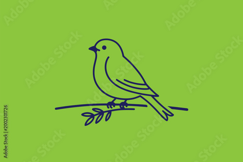 Foto Simple line art bird on a branch against green background