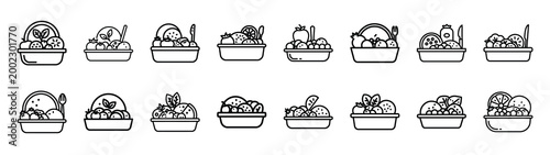 vegan meal fast food silhouette icon set
