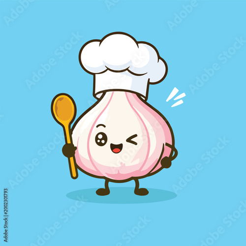 Cute Cartoon Garlic Character Wearing Chef Hat and Holding Wooden Spoon, Kawaii Vegetable Chef Mascot Winking, Cooking Flat Design Vector Illustration