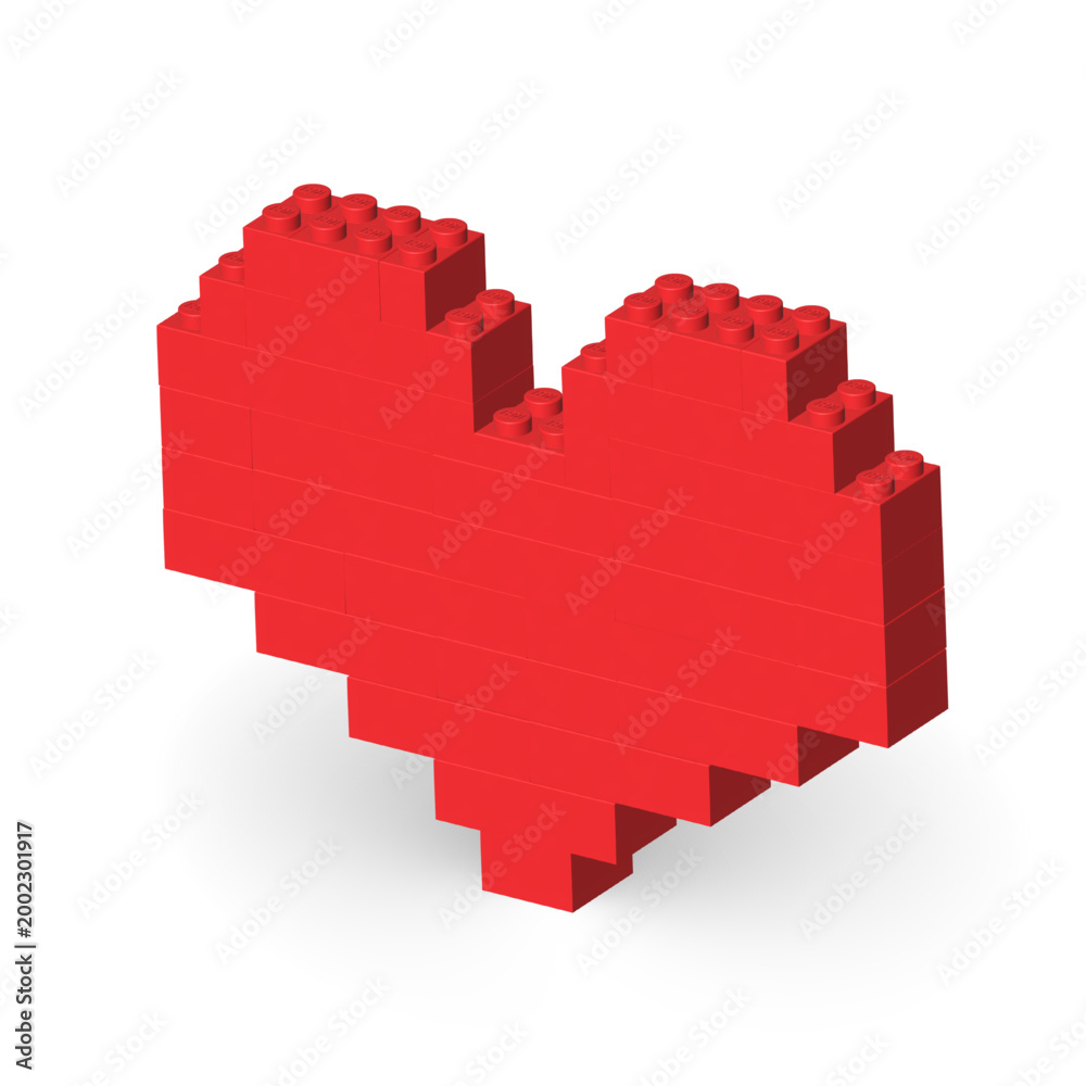 Obraz premium Red heart made by realistic Lego plastik constructor parts isolated on transparent background. Love and feelings concept. Love you creative icon. 3D rendered vector editorial illustration