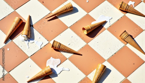 Scattered Ice Cream Cones on Sunlit Checkered Tile Floor