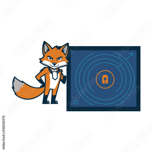 Fox Detective Character with Cyber Security Lock Screen Vector Illustration