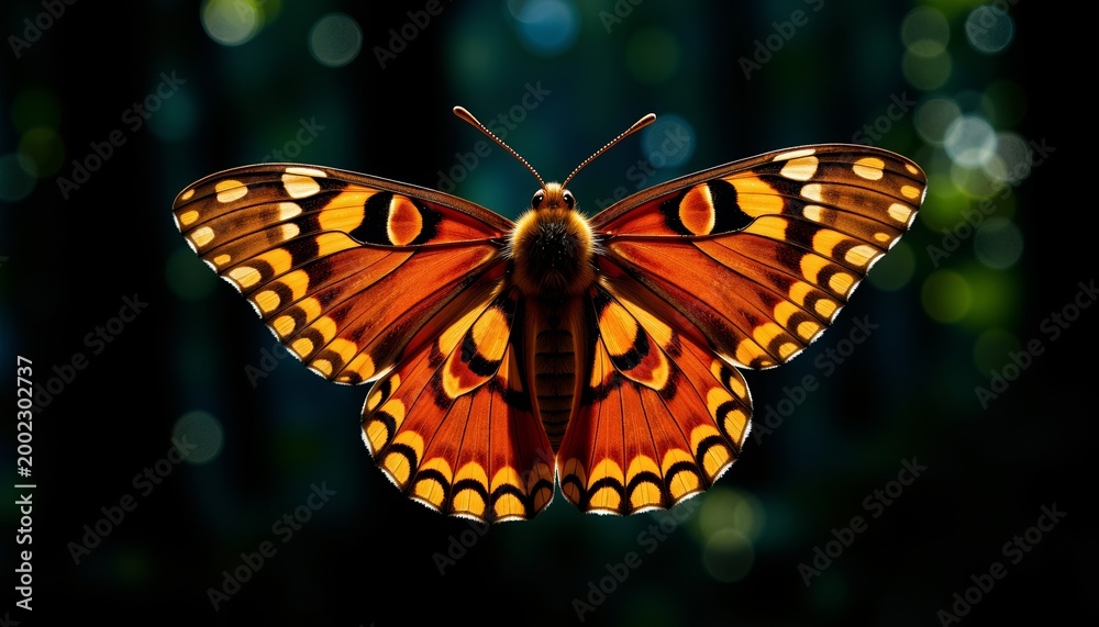 Fototapeta premium Vibrant Monarch Butterfly with Outstretched Wings Against Bokeh Forest Background