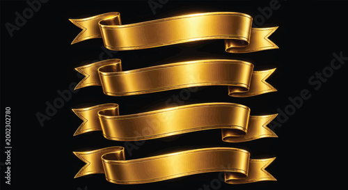 Golden ribbons and banners on black background elegant decorative elements
