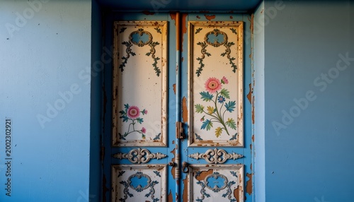 Ornate Vintage Doors with Colorful Floral Patterns in Soft Natural Light
