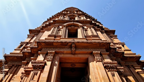 Majestic Low Angle View of Ornate Stone Temple Tower Against Clear Blue Sky