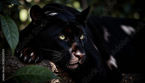 Majestic Black Panther Resting on Tree Branch with Dappled Sunlight