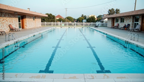 Wide View of Serene Outdoor Pool with Calm Water and Minimalist Architecture in Early Morning Light