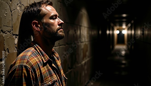 Moody Portrait of Pensive Man in Dimly Lit Narrow Corridor with Textured Brick Wall