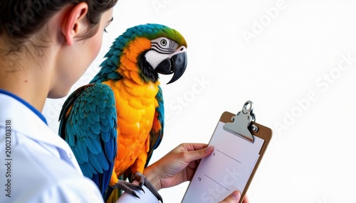 Vibrant Parrot Consultation: Blue and Gold Macaw with Veterinarian Holding Clipboard in Bright White Space