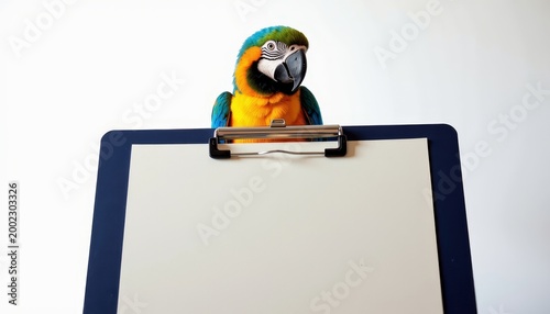 Vibrant Blue-Yellow Macaw Perched on Clipboard Against White Background