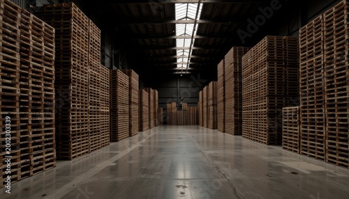 Expansive Warehouse Interior with Sunlit Wooden Pallets Stacked to Ceiling