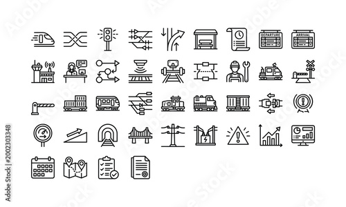 Collection of black line representing railway transportation, infrastructure, and operations