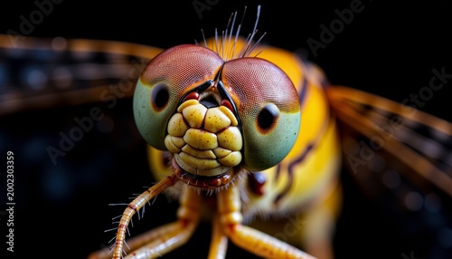 Close-Up of Vibrant Dragonfly Face with Textured Eyes and Intricate Wing Details on Black Background