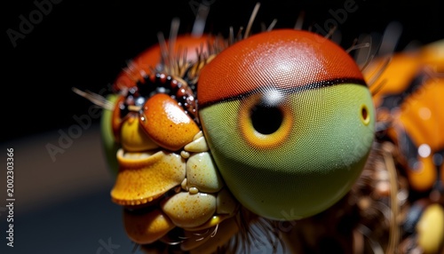 Close-Up Macro of Vibrant Dragonfly Eye with Intricate Patterns and Textures