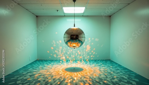 Geometric Ballroom Reflection Sphere with Radiant Light Circle in Symmetrical Empty Room