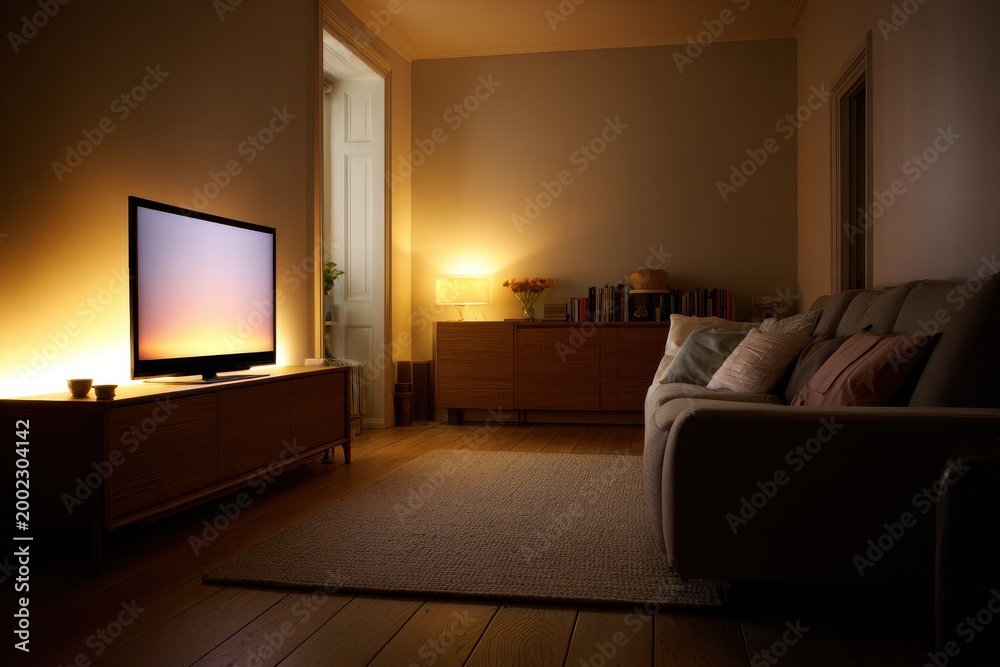 Fototapeta premium Modern lounge scene with warm TV glow and comfortable seating at dusk
