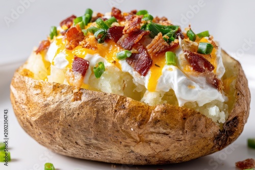 Studio-shot baked potato with golden skin and rich toppings, isolated on white