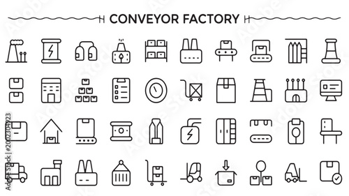 Conveyor Factory Icons Set for Industrial Automation and Warehouse Logistics Operations