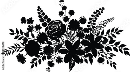 Elegant floral silhouette a black and white botanical arrangement with roses and leaves