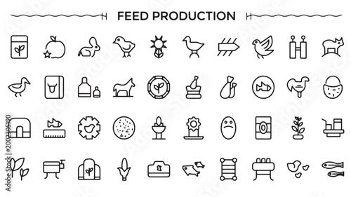 Animal Feed Production Icons Set for Agriculture Livestock and Farming Industry