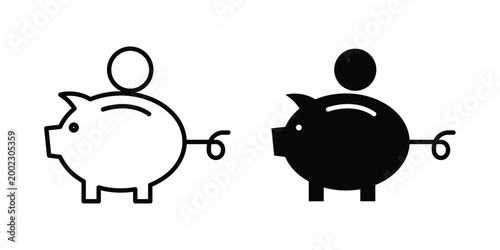 Piggy bank icon clipart and line art versions on white background
