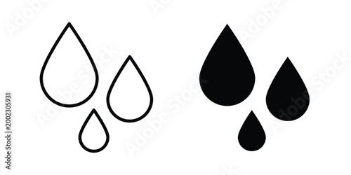 Raindrops icon clipart and line art versions on white background
