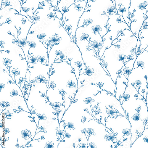 Photos Vector Seamless Pattern 4 Blue Toile de Jouy Floral Branches, Vintage French Bot