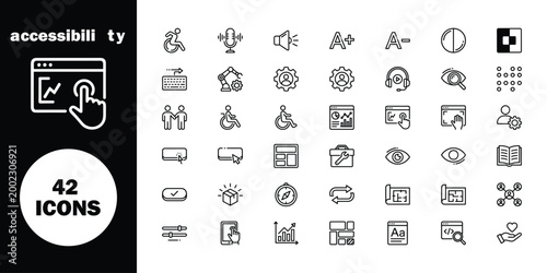 Collection of 42 black and white line representing accessibility and concepts line black and white